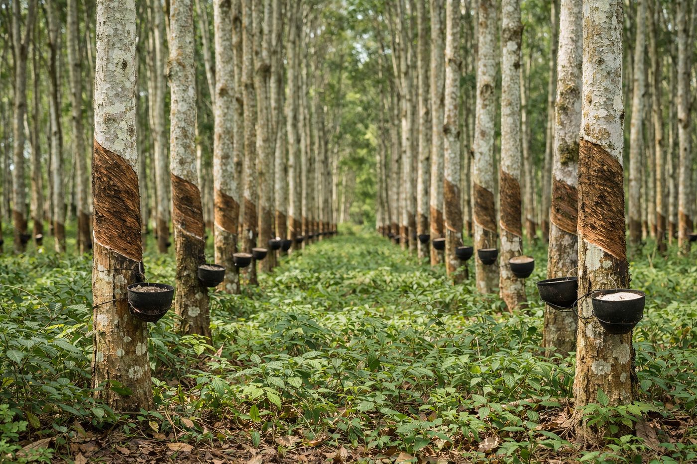 Plantation d'hévéa partenaire avec récipients de collecte de latex