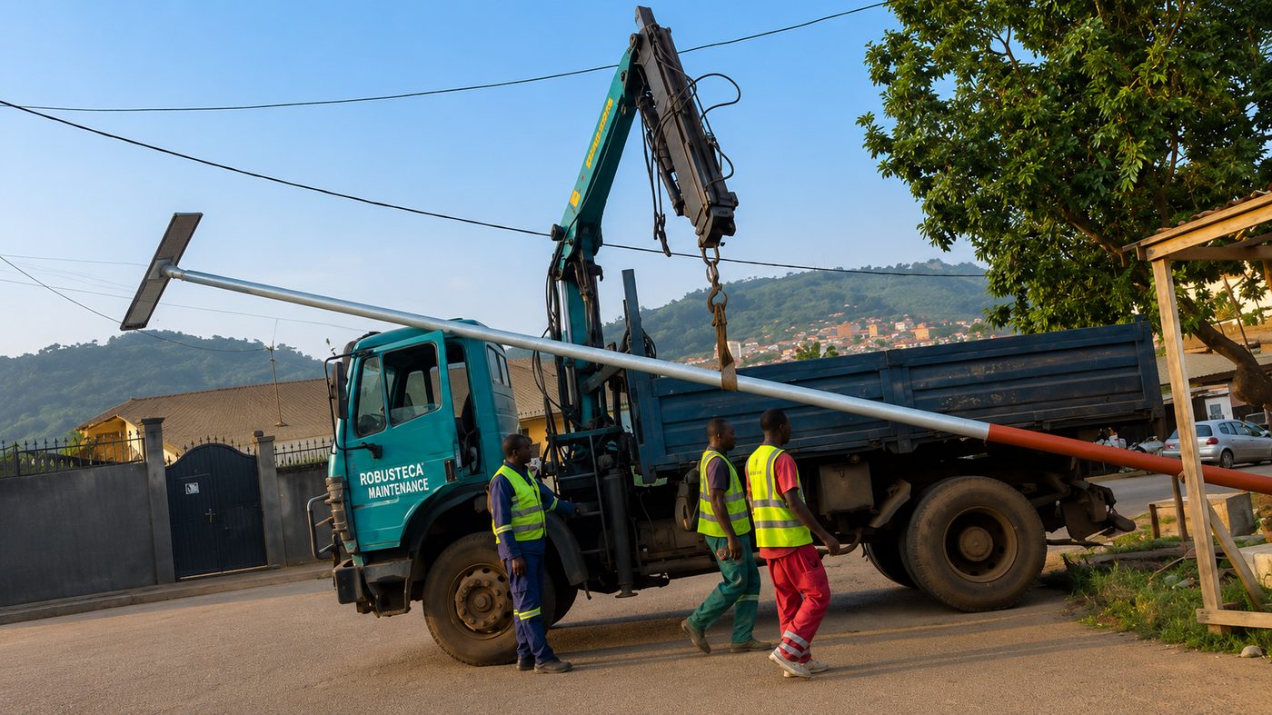 Installation d'un lampadaire solaire par l'équipe et les partenaires d'Anderson
